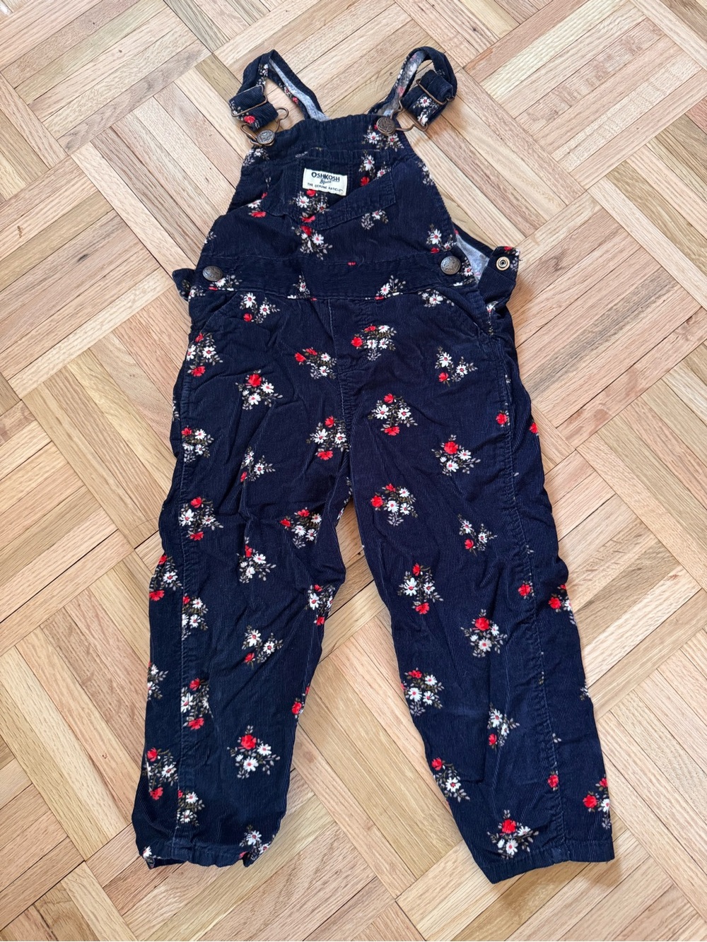 OshKosh B'gosh Navy Corduroy Overalls with Red & White Floral Print